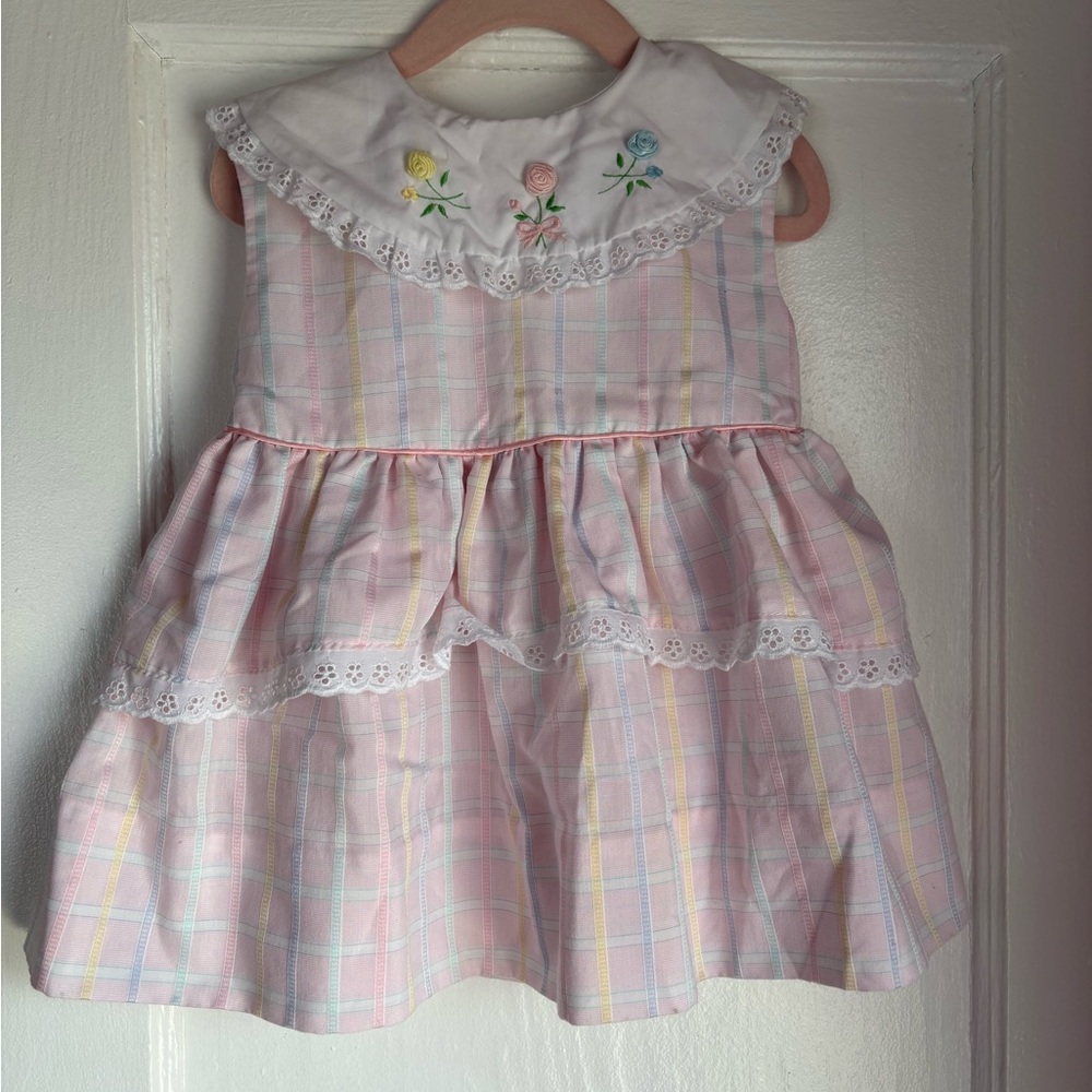 Vintage Baby Togs Pastel Plaid Easter Dress 4T Embroidered Collar